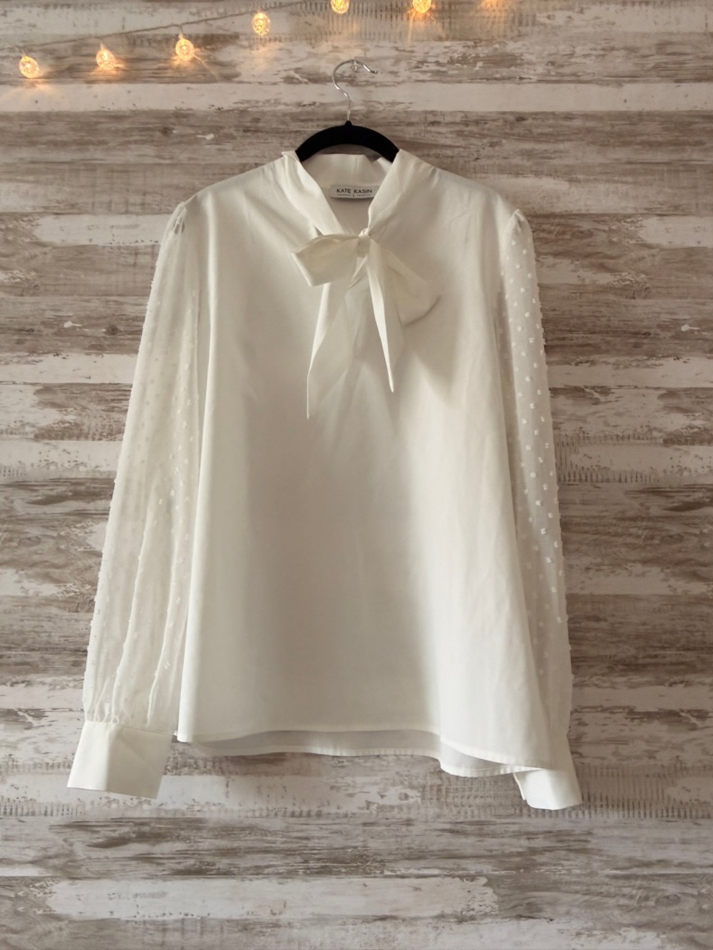 White Bow Neck Blouse with Sheer Dotted Sleeves